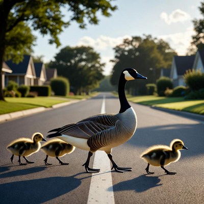 Canada Goose Leading Goslings on Road