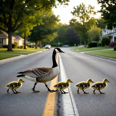 Canada Goose Leading Goslings on Road