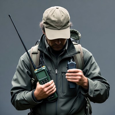 Man holding two walkie-talkies