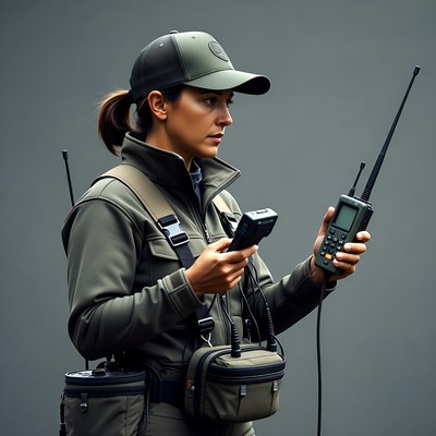 Woman using radio and scanner