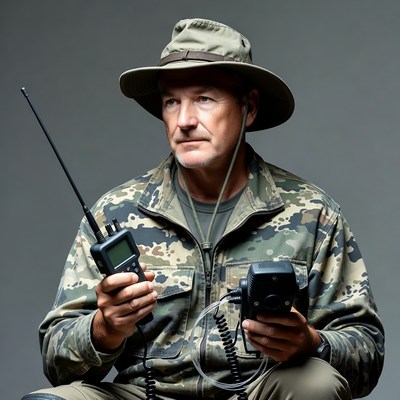 Man holding walkie-talkies in camouflage gear