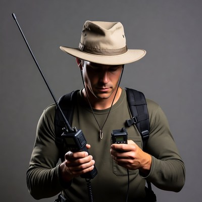 Man holding walkie-talkies with backpack