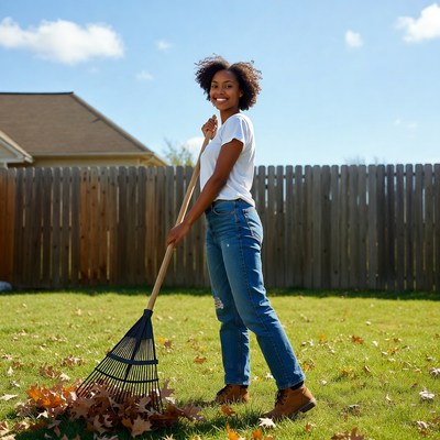 African-American woman raking leaves