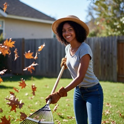 African-American woman raking leaves