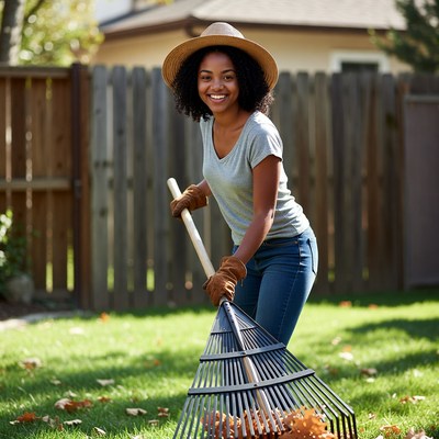 African-American woman raking leaves