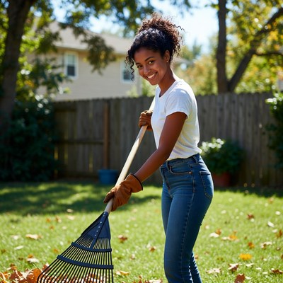 African-American woman raking leaves