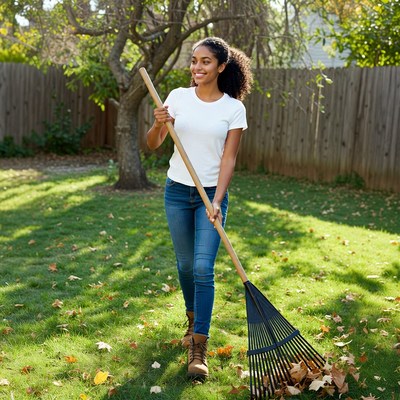 African-American woman raking leaves