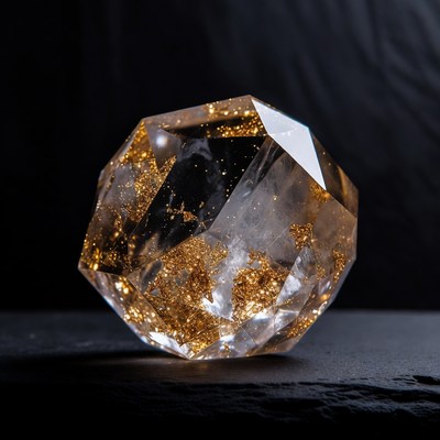 Gold flecks in clear crystal octahedron
