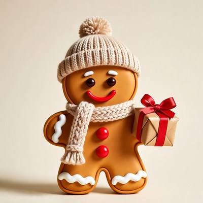 Gingerbread man holding Christmas gift