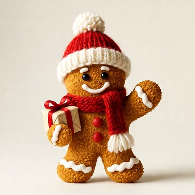 Gingerbread man holding gift