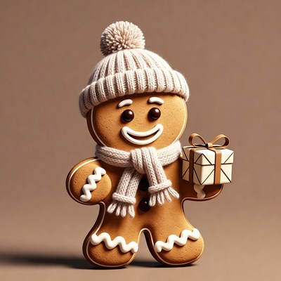 Gingerbread man holding gift