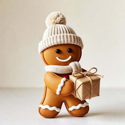 Gingerbread man holding gift box