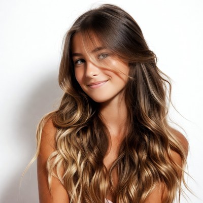 Smiling woman with long wavy brown hair