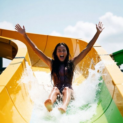 Woman sliding down yellow waterslide