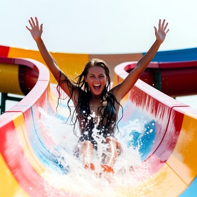 Woman sliding down colorful water slide