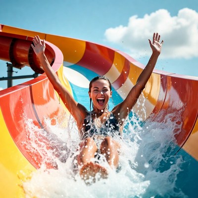 Woman sliding down colorful water slide