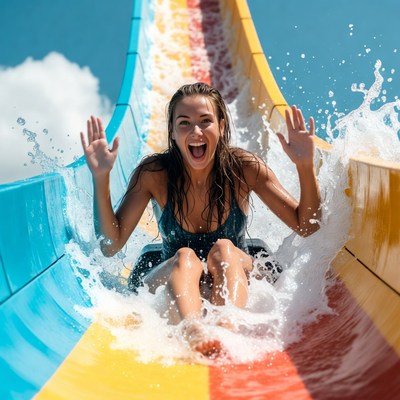 Woman sliding down colorful water slide