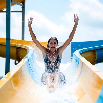 Woman sliding down yellow waterslide