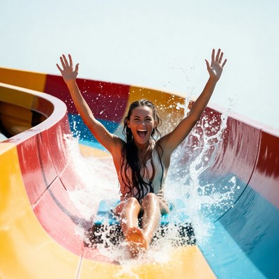 Woman sliding down colorful water slide