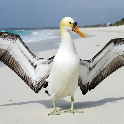Nazca Booby spreading wings on beach