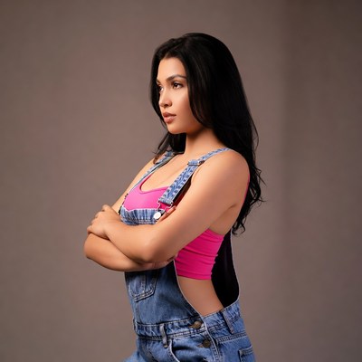 Woman in pink top and denim overalls