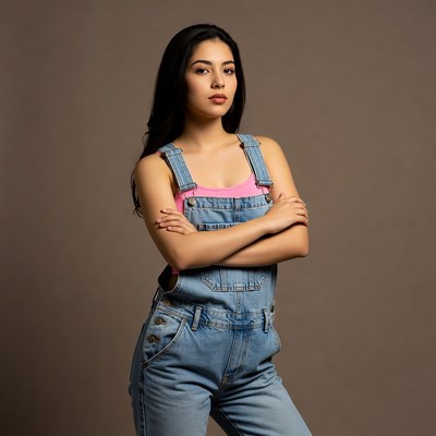 Latina woman in denim overalls