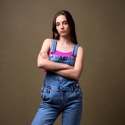 Woman in denim overalls with arms crossed