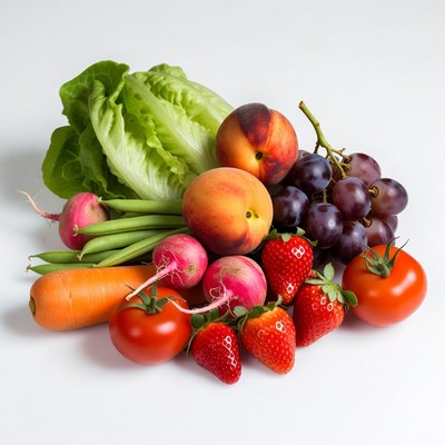 Fresh Fruits and Vegetables on White Background