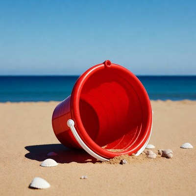 Red beach bucket with seashells