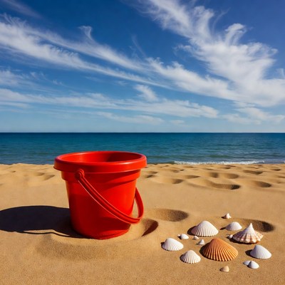 Red beach bucket with seashells