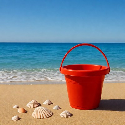 Red beach bucket with seashells