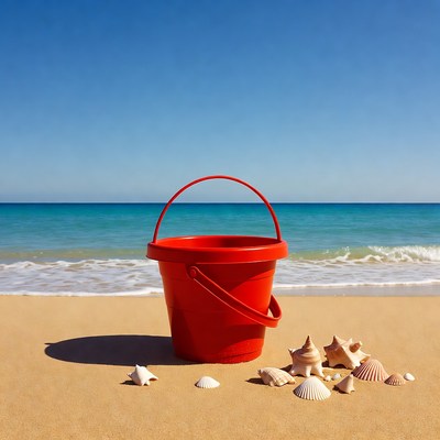 Red beach bucket with seashells