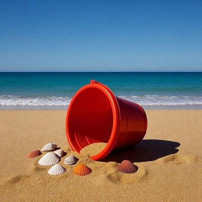 Red beach bucket spilling sand shells