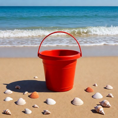 Red beach bucket with seashells