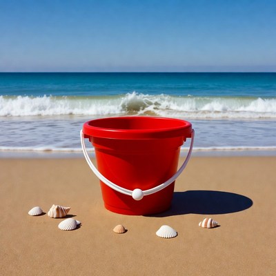 Red beach bucket with seashells
