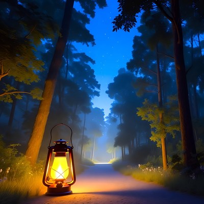 Lantern on Forest Path at Night
