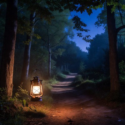 Lantern on Forest Path at Night