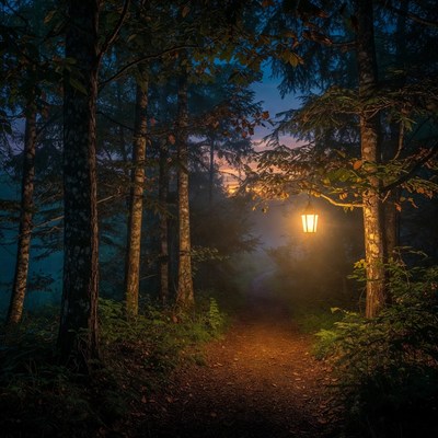 Lantern-lit path in misty forest