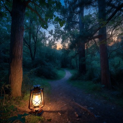 Lantern on Forest Path at Night