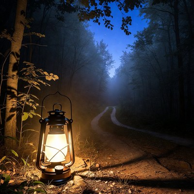 Lantern on Forest Path at Night