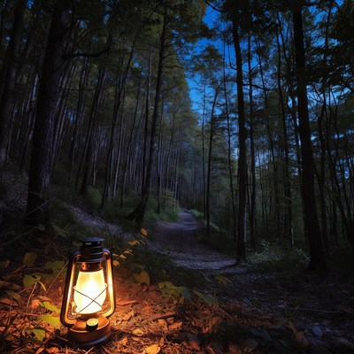 Lantern on Forest Path at Night