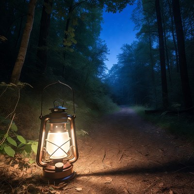 Lantern on Forest Path at Night