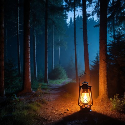 Lantern on Forest Path at Night