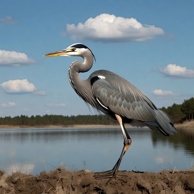 Grey Heron Standing by Lake