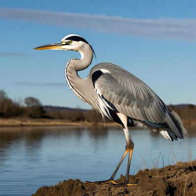 Grey Heron Standing by River