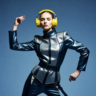 Woman dancing in yellow headphones