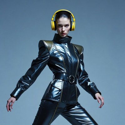 Woman in yellow headphones and black leather jumpsuit