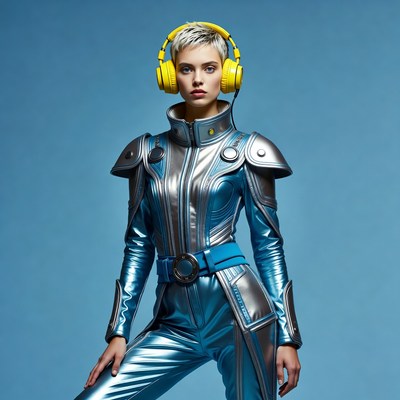 Woman in blue metallic armor with yellow headphones