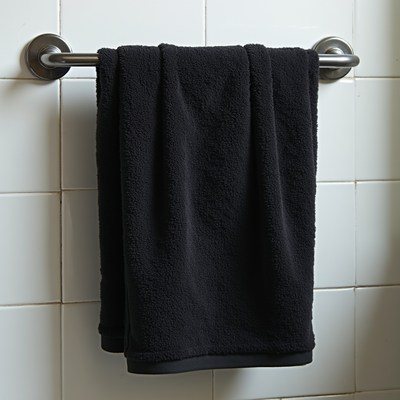 Black towel on bathroom rail