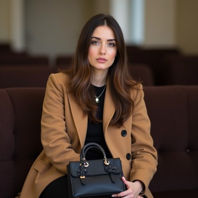 Woman in tan coat holding black handbag